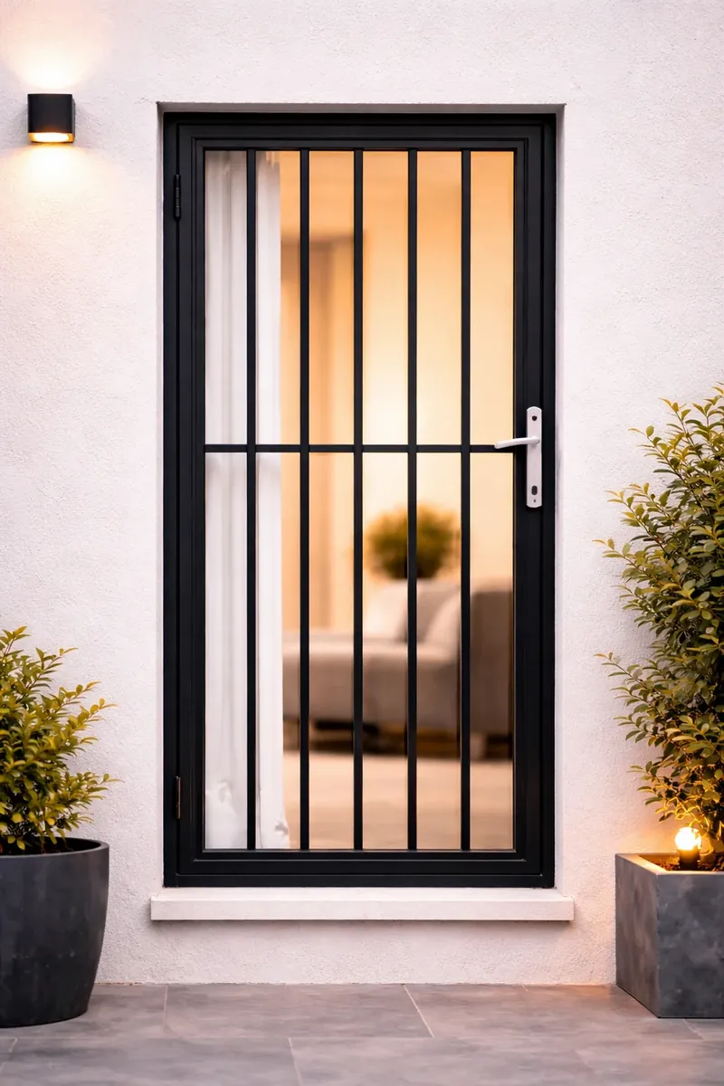 Puerta metálica negra con barrotes verticales, imagen referencial